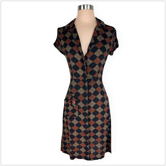 Betsey Johnson Dresses & Skirts - Betsey Johnson Vintage Argyle Print Zip Front Pocket Retro Dress 80's 90's Vtg L